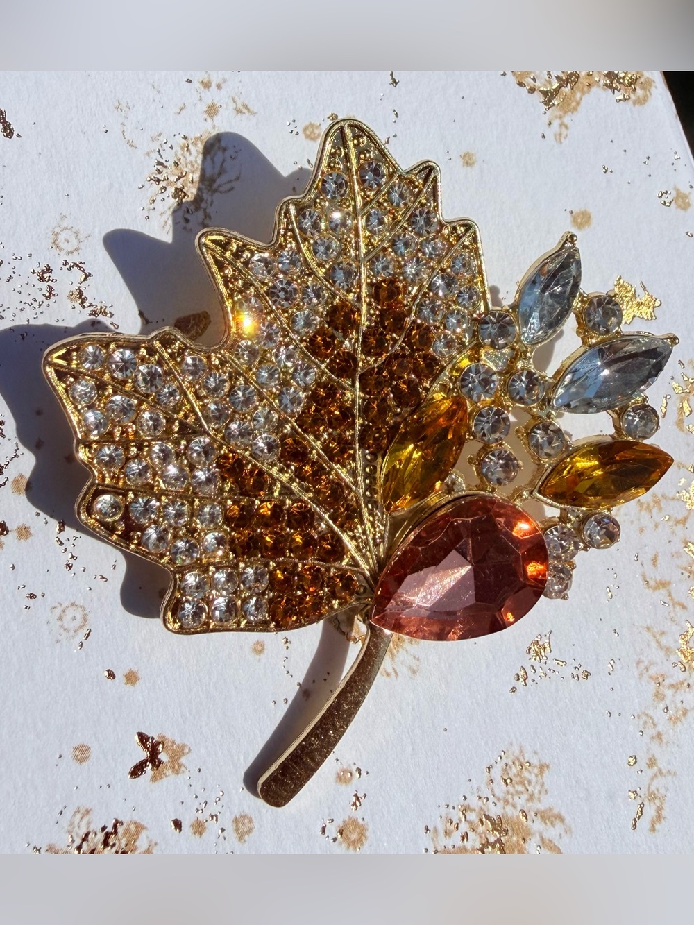 Gold Amber Rhinestone Maple Leaf Brooch Pin Autumn Fall